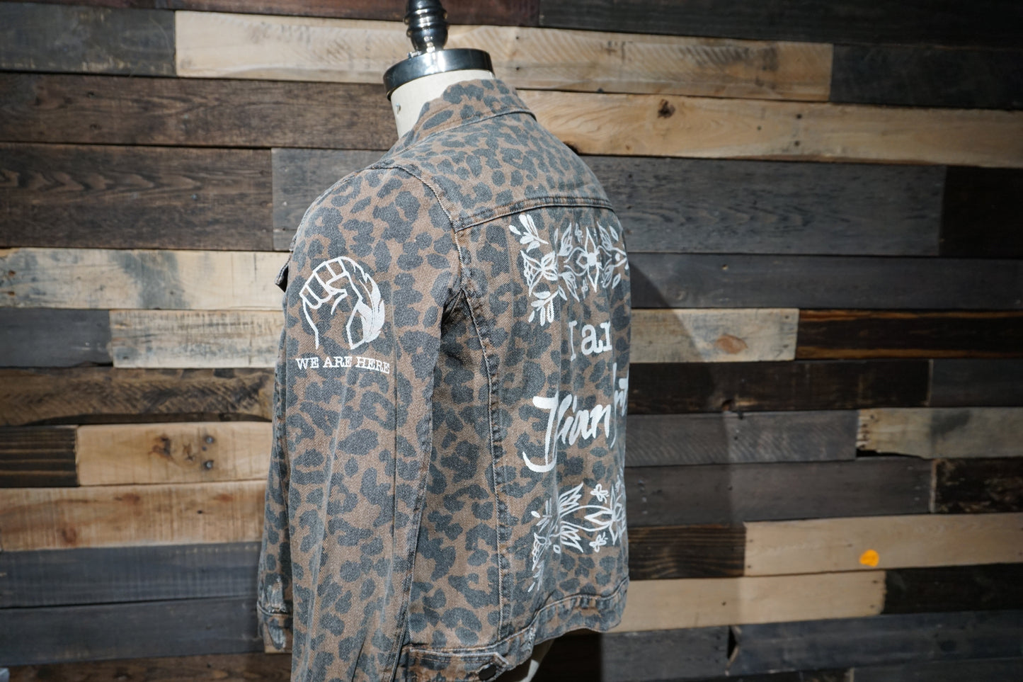 Denim Leopard Print "I am Indian Art" Jacket